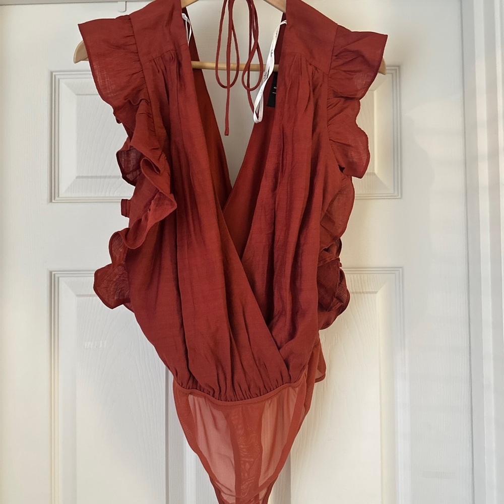 Lulu's Rust Red Ruffled Sleeveless Bodysuit NWOT